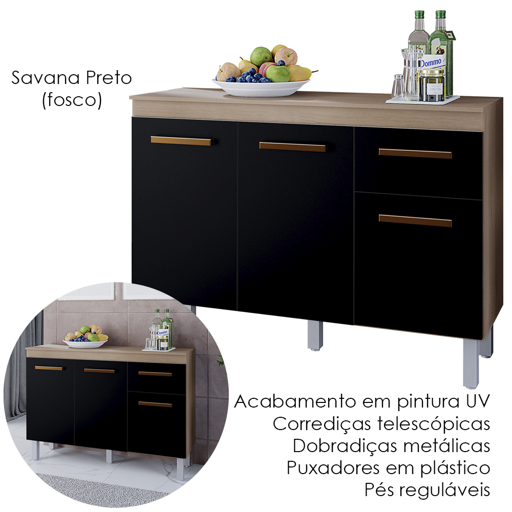 Balcao Com Tampo 3P 1G 120 cm Vitoria Savana Preto Mobbs