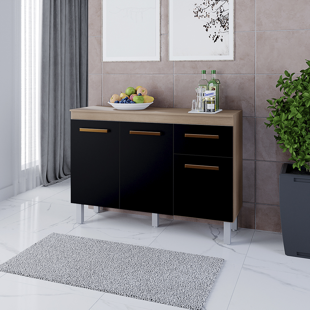 Balcao Com Tampo 3P 1G 120 cm Vitoria Savana Preto Mobbs