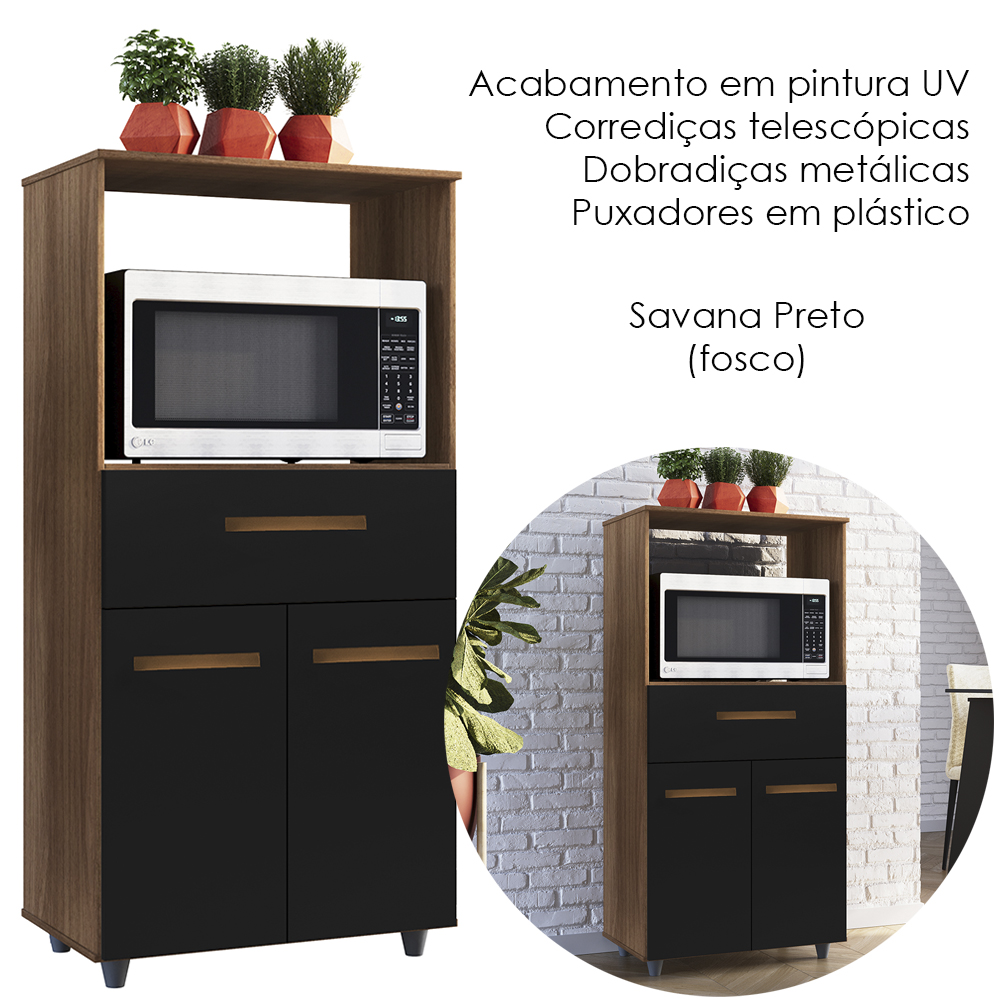Balcao Multiuso Forno 2P 1G 60 cm Luna Savana Preto Mobbs
