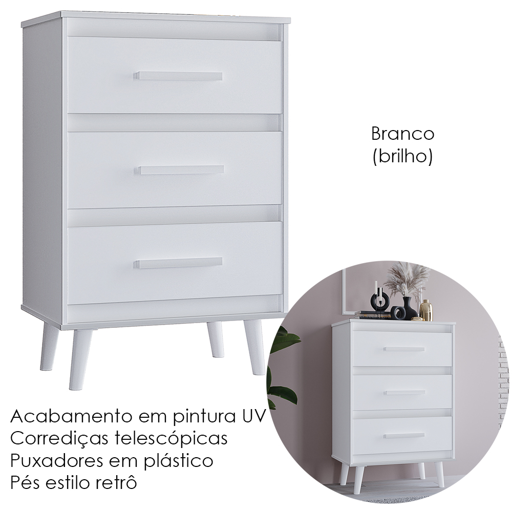 Comoda 3 Gavetas 61 cm Mila Branco Mobbs