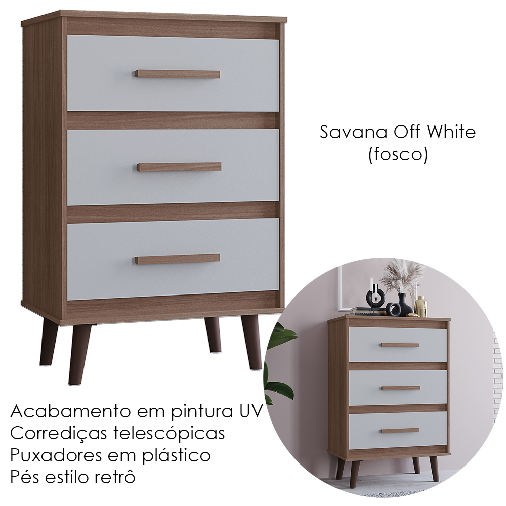 Comoda 3 Gavetas 61 cm Mila Savana Off White Mobbs