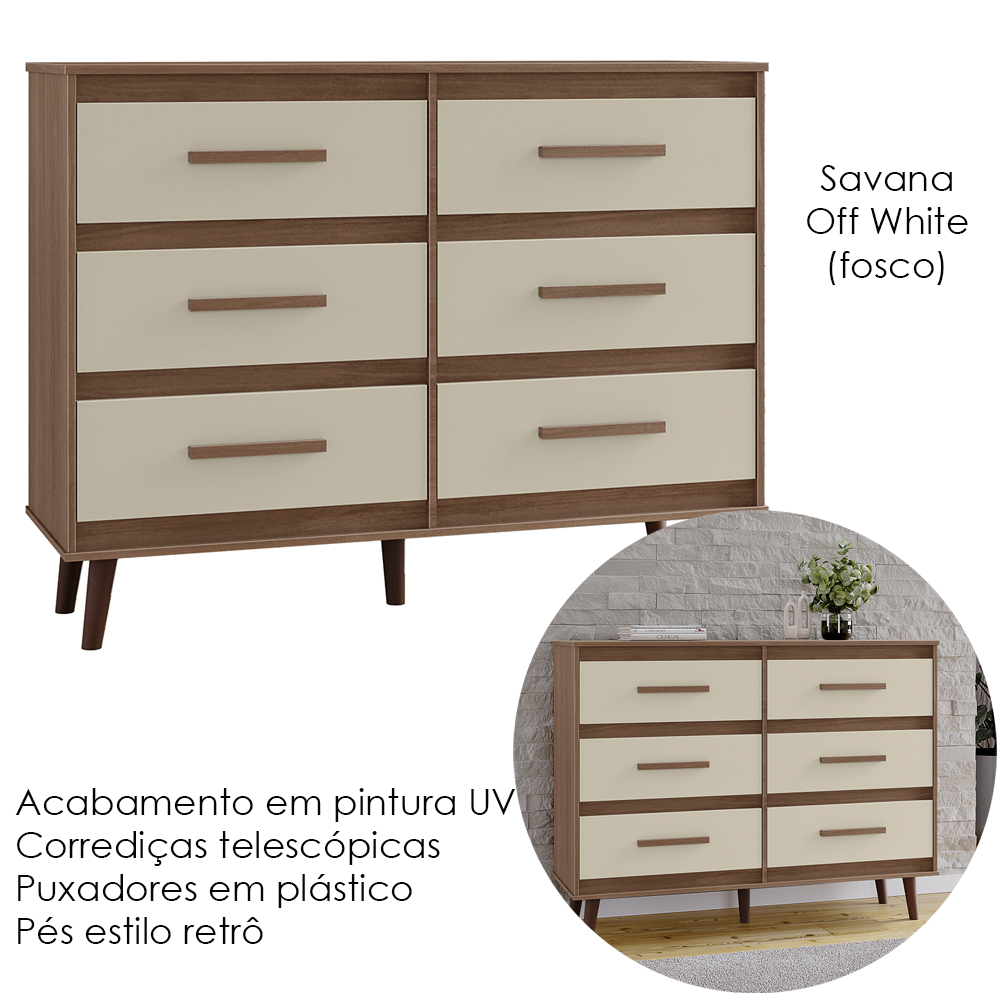 Comoda 6 Gavetas 120 cm Mila Savana Off White Mobbs