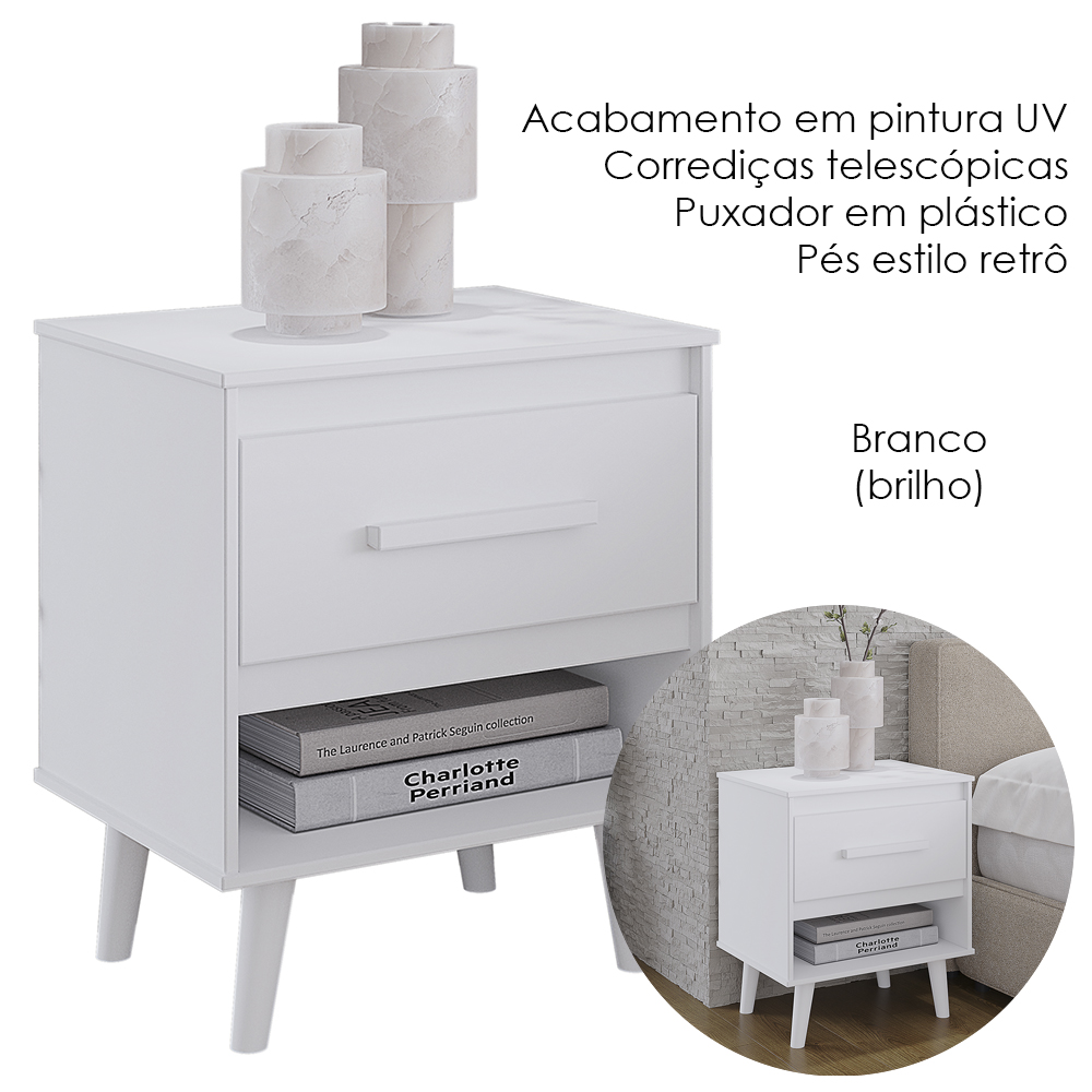 Kit 02 Mesas De Cabeceira 1 Gaveta 50 cm Mila Branco Mobbs
