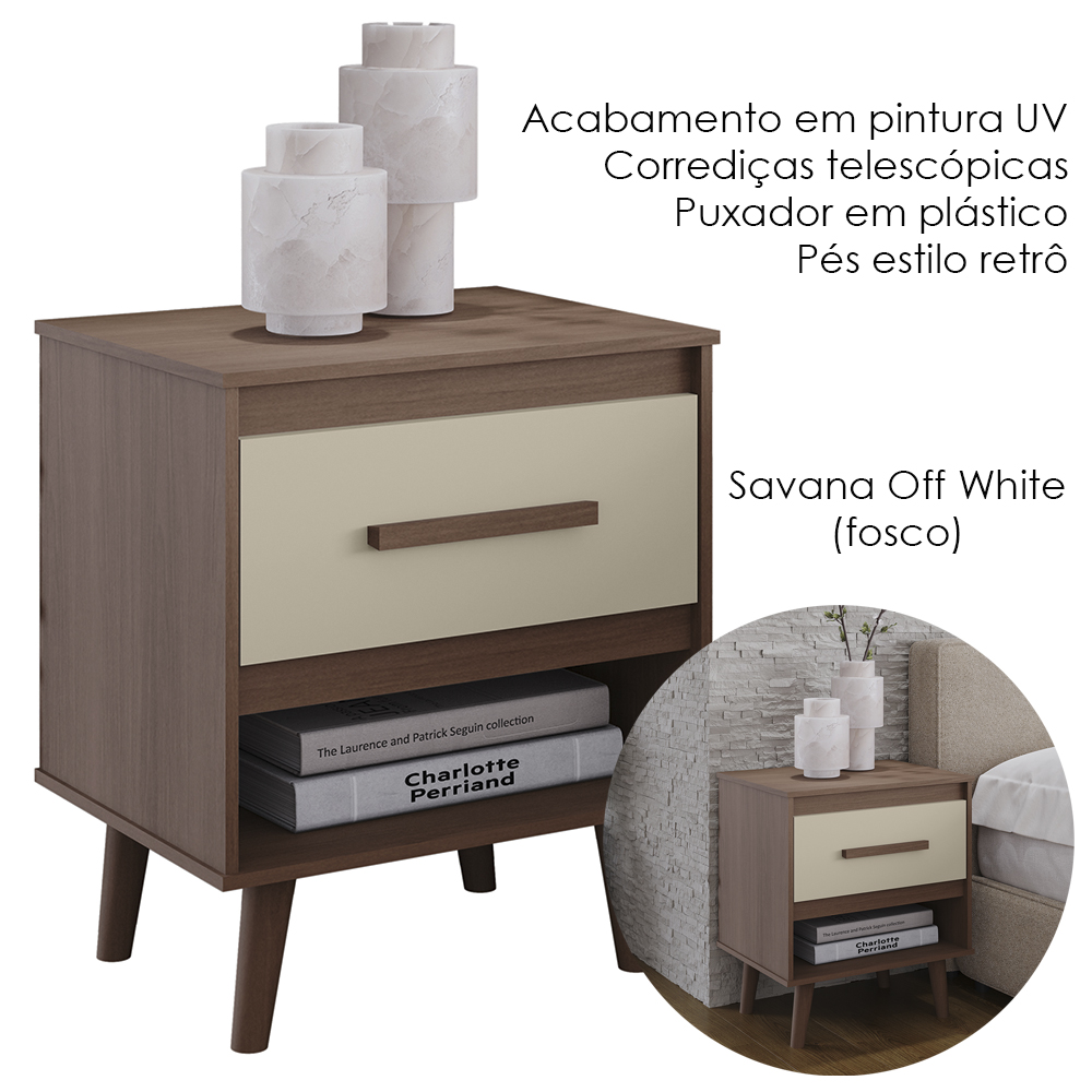 Kit 02 Mesas De Cabeceira 1 Gaveta 50 cm Mila Savana Off White Mobbs