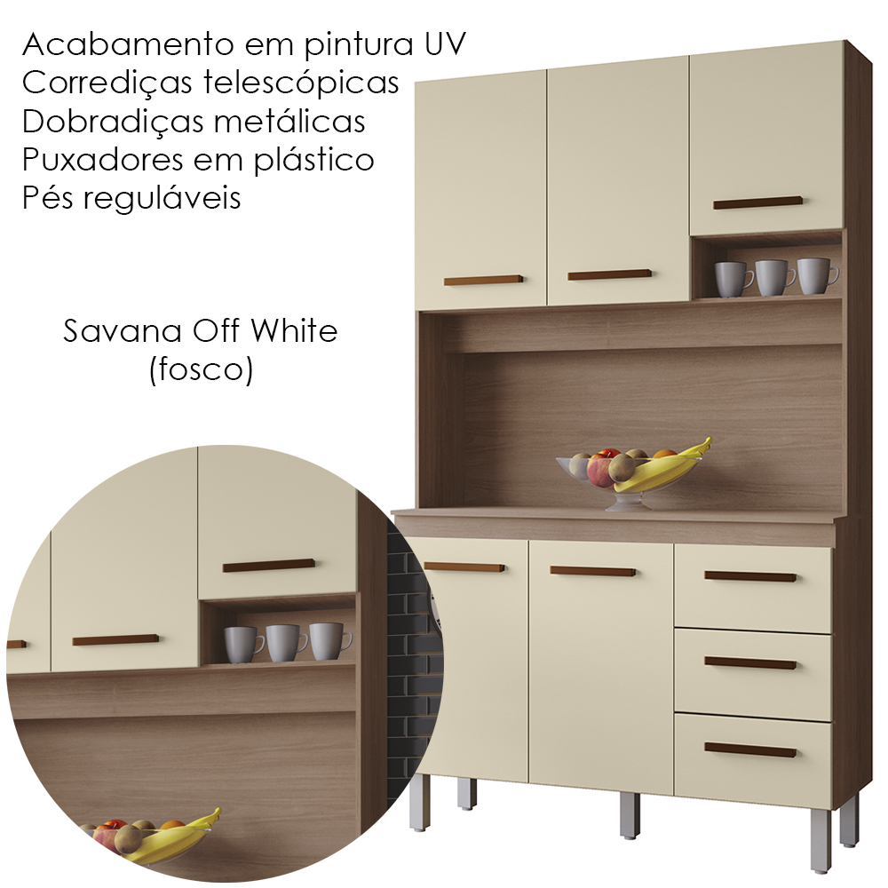 Kit Cozinha 5P 3G 120 cm Vitoria Savana Off White Mobbs