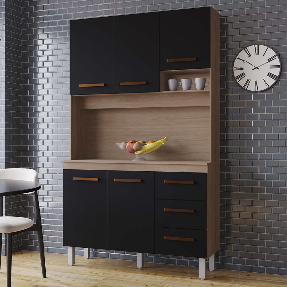 Kit Cozinha 5P 3G 120 cm Vitoria Savana Preto Mobbs