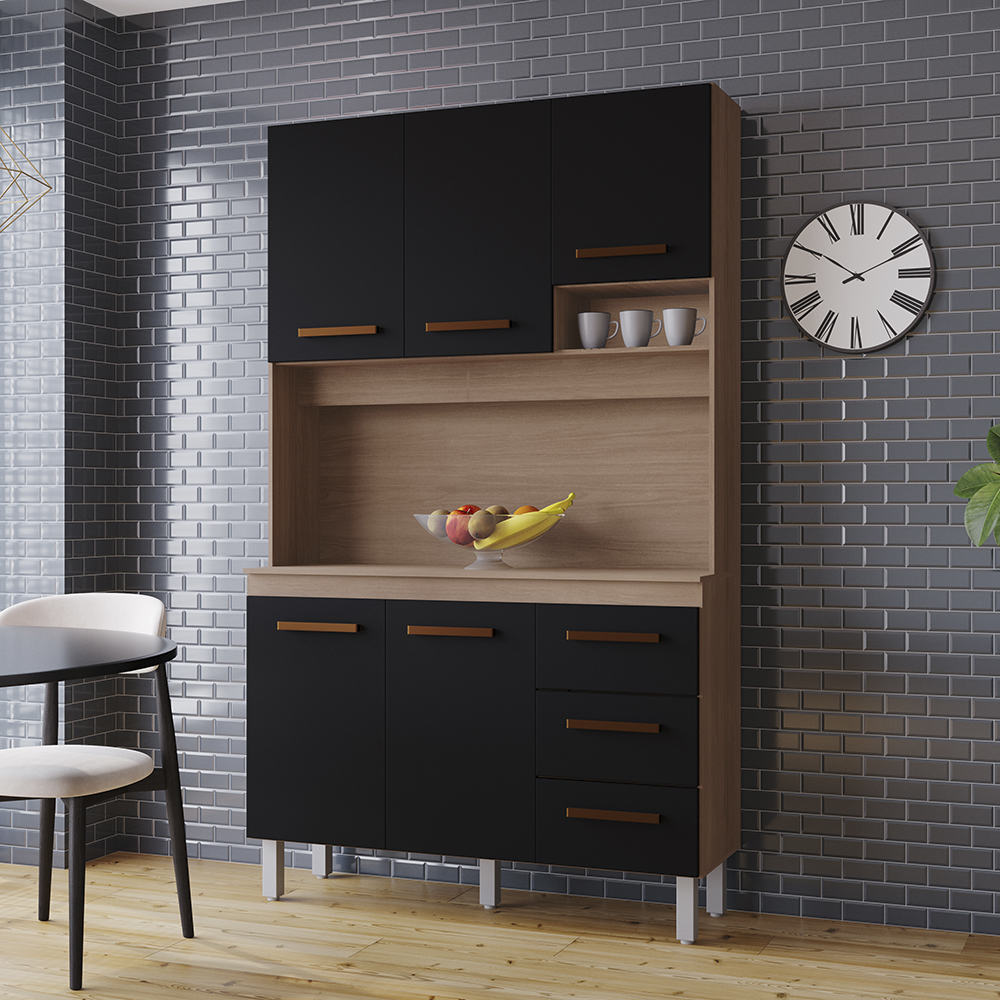 Kit Cozinha 5P 3G 120 cm Vitoria Savana Preto Mobbs