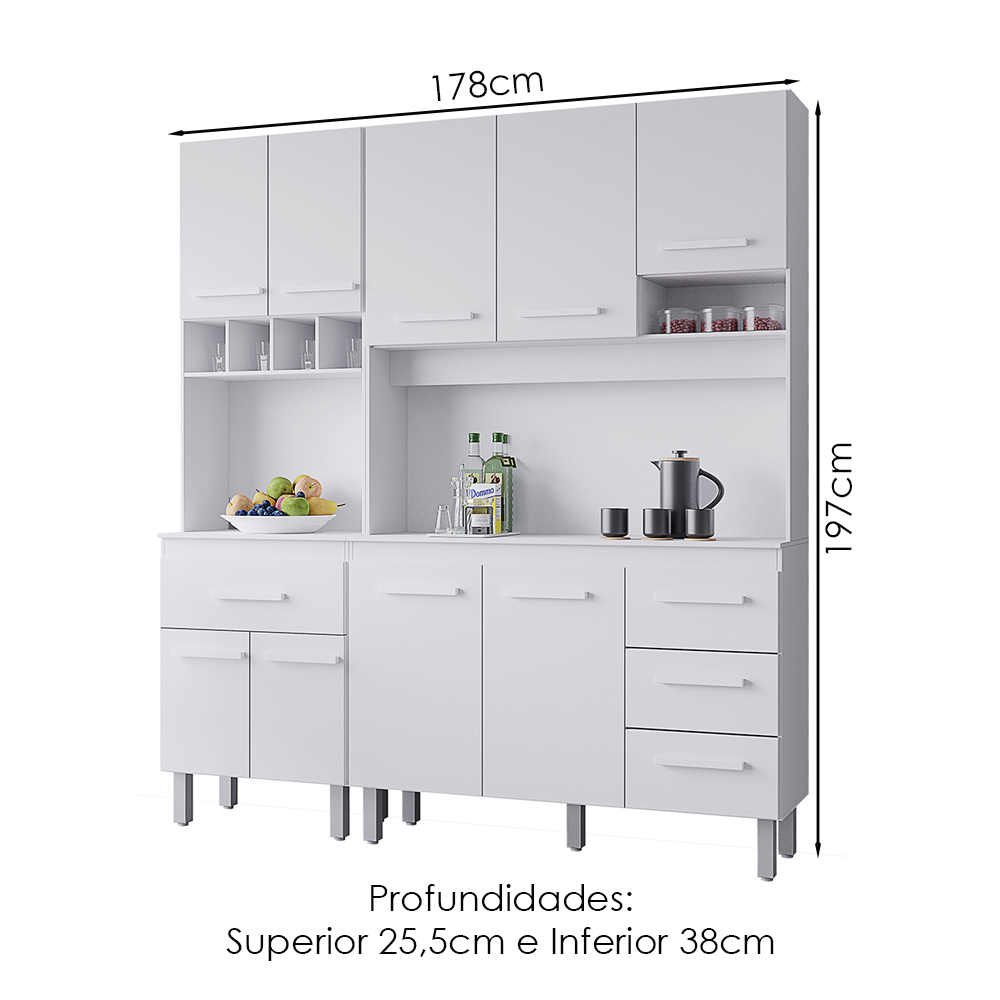 Kit Cozinha 9P 4G 180 cm Vitoria Branco Mobbs