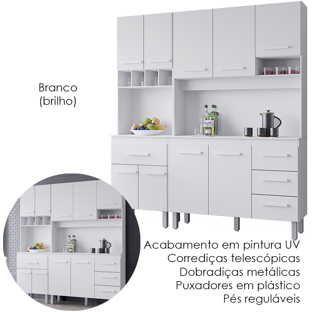 Kit Cozinha 9P 4G 180 cm Vitoria Branco Mobbs