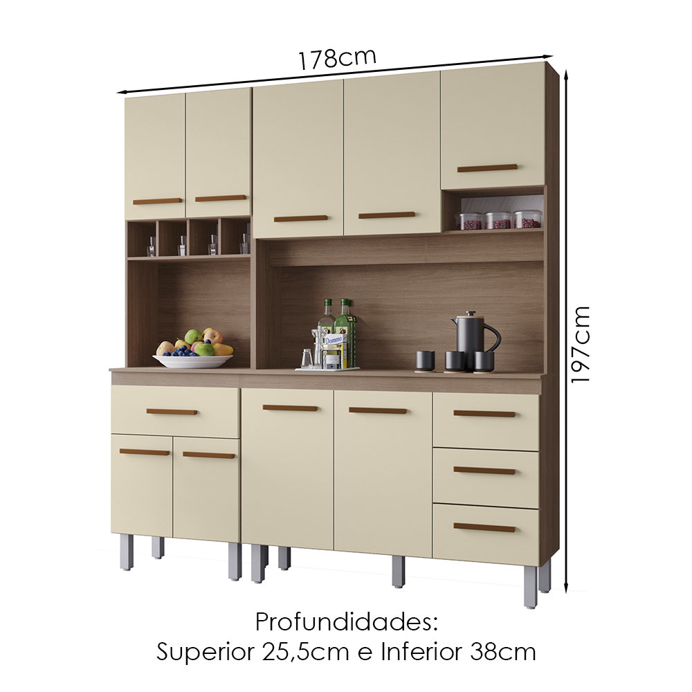 Kit Cozinha 9P 4G 180 cm Vitoria Savana Off White Mobbs