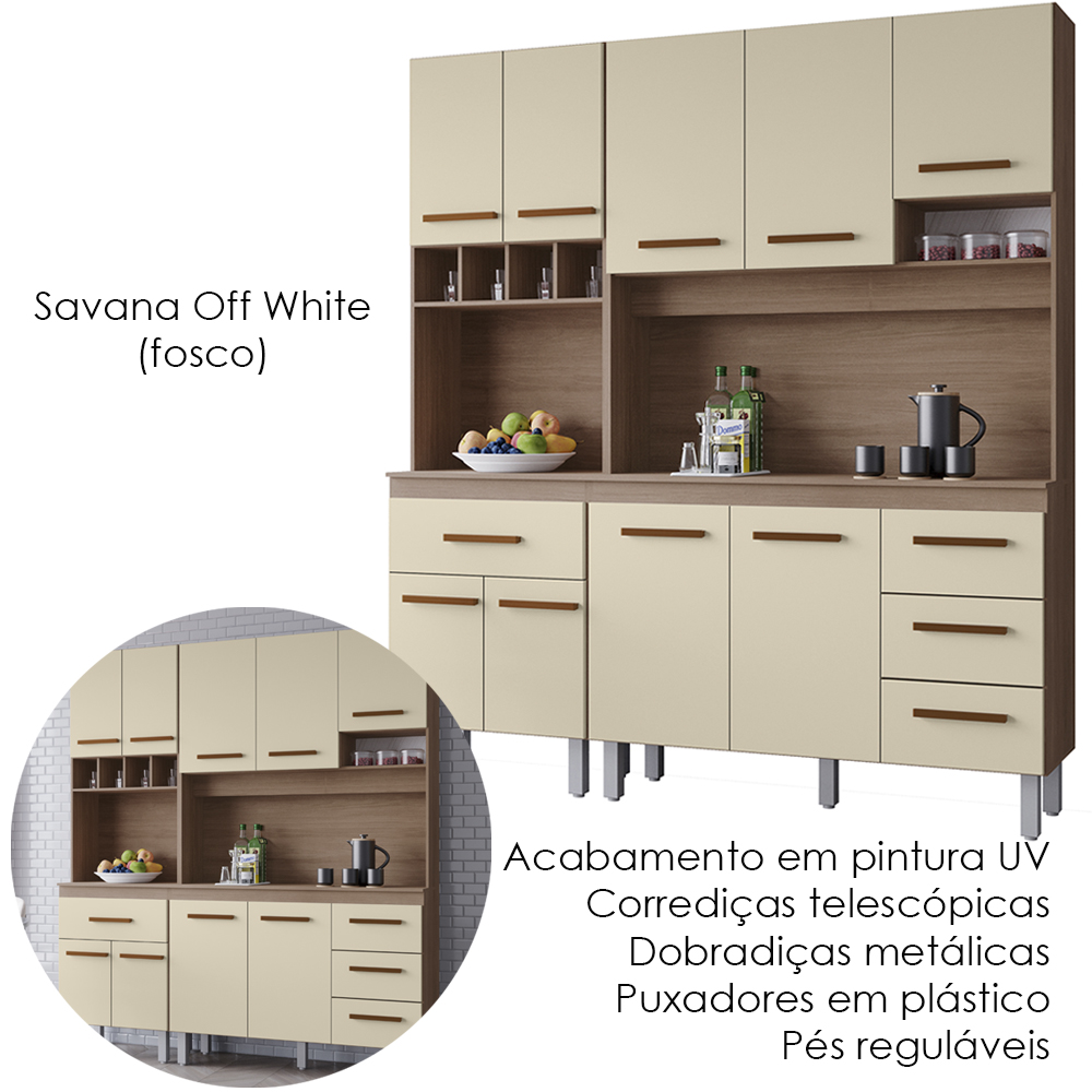 Kit Cozinha 9P 4G 180 cm Vitoria Savana Off White Mobbs