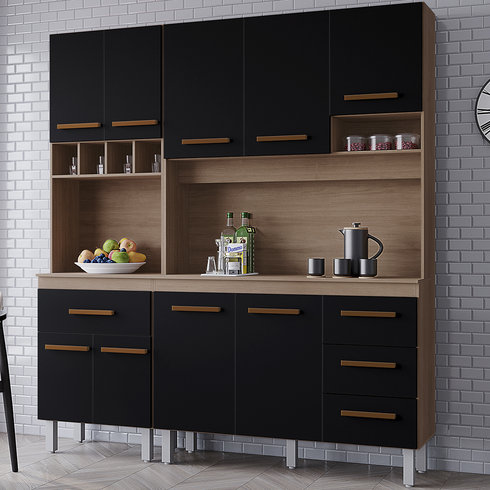 Kit Cozinha 9P 4G 180 cm Vitoria Savana Preto Mobbs