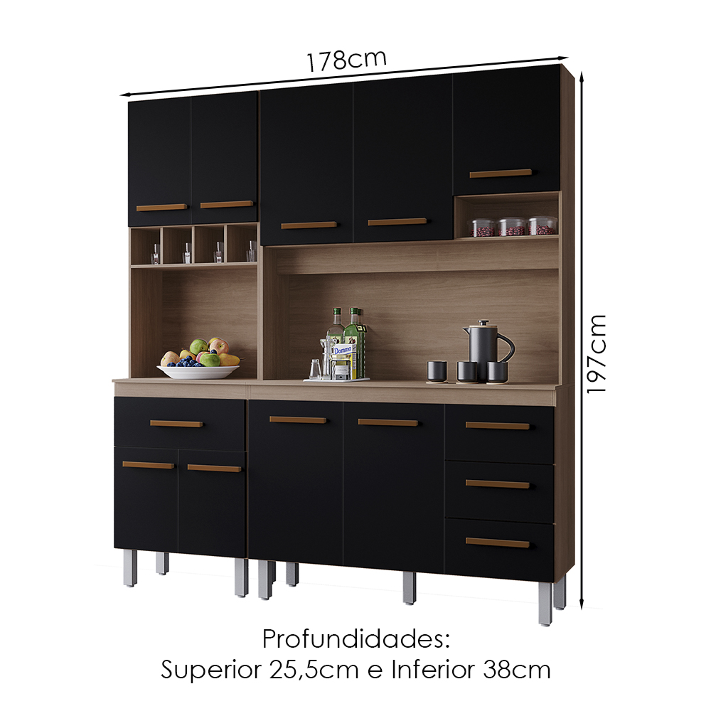 Kit Cozinha 9P 4G 180 cm Vitoria Savana Preto Mobbs