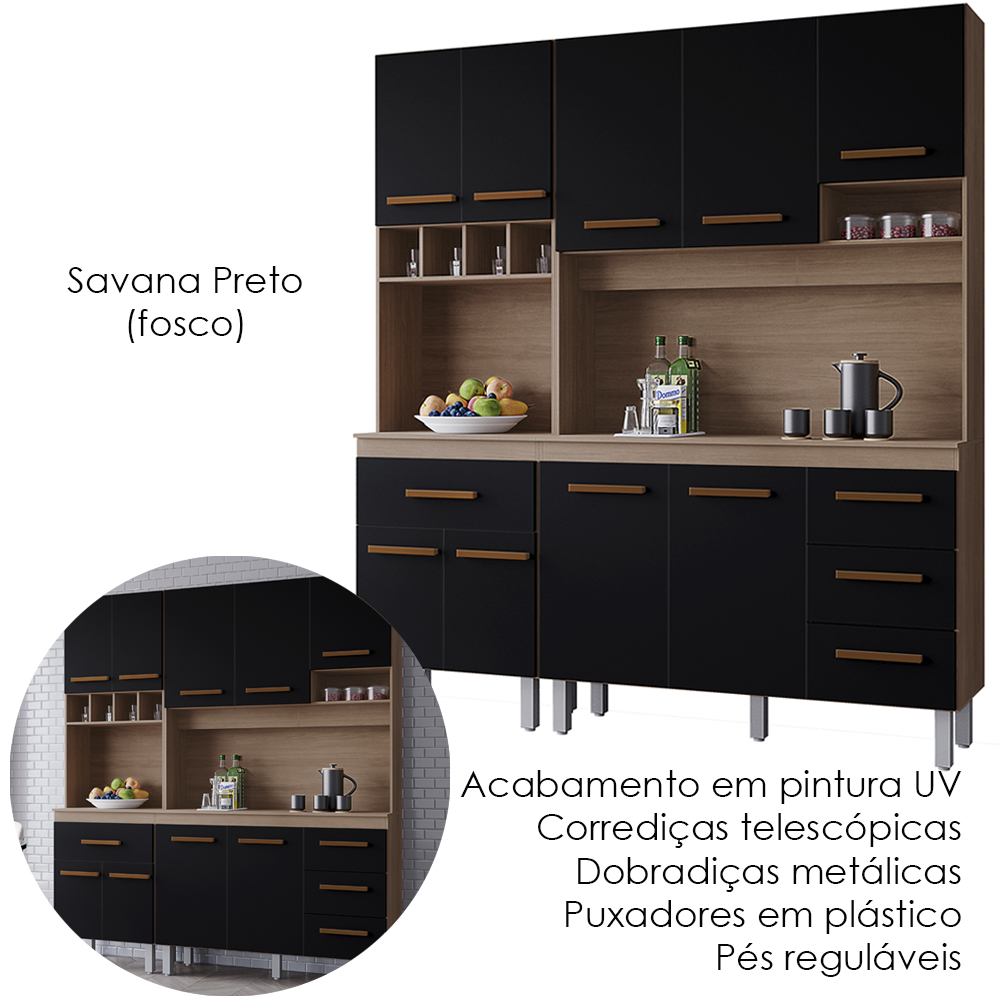 Kit Cozinha 9P 4G 180 cm Vitoria Savana Preto Mobbs
