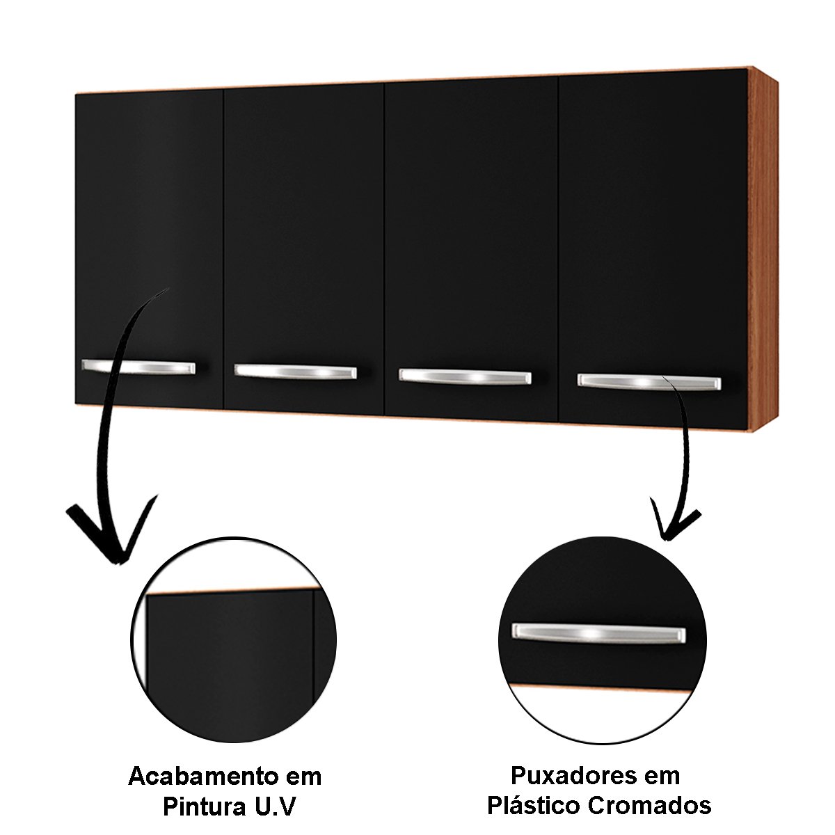Armário Aéreo de Cozinha 4 Portas 120 cm Lara Savana / Preto