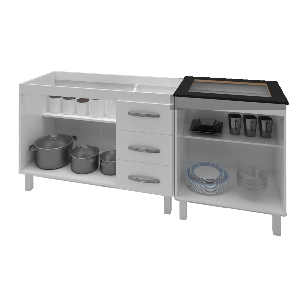 Armário Cozinha Gabinete Pia De 120 Cm Bianca Com Balcão Cooktop 4 Bocas Branco Jade 