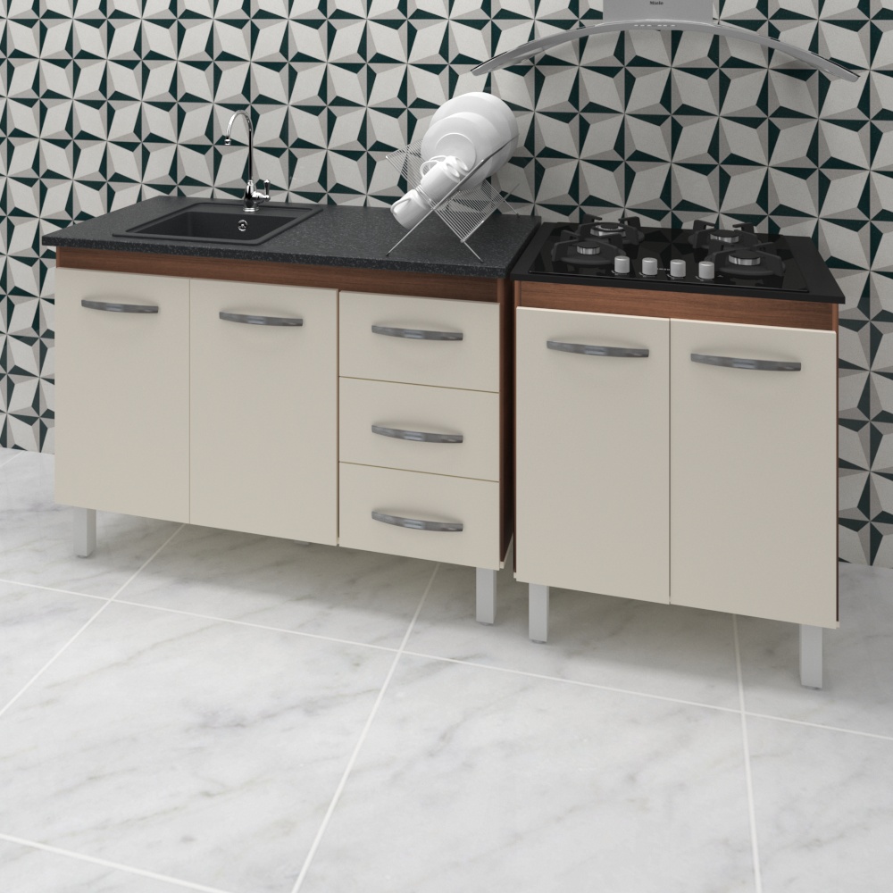 Armário Cozinha Gabinete Pia De 120 Cm Bianca Com Balcão Cooktop 4 Bocas Savana Frente Off-white Jade 