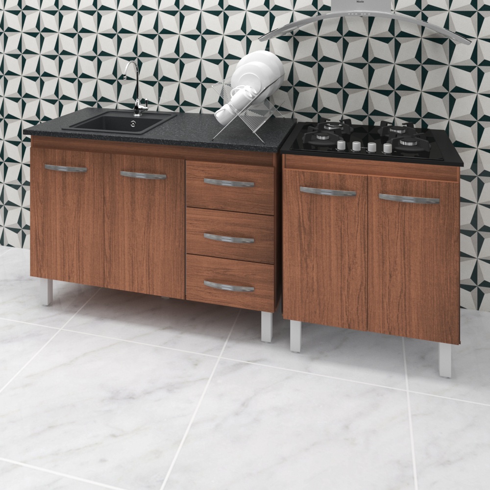 Armário Cozinha Gabinete Pia De 120 Cm Bianca Com Balcão Cooktop 4 Bocas Savana Jade 