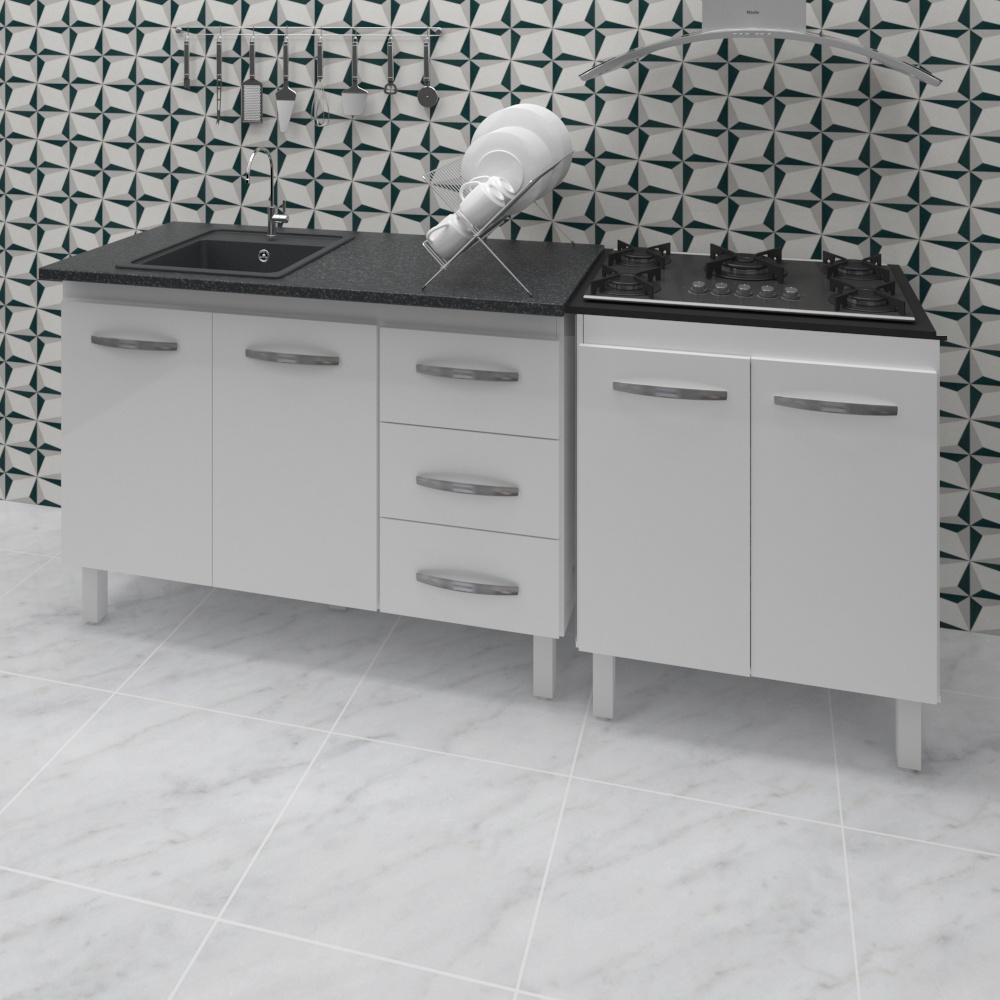 Armário Cozinha Gabinete Pia De 120 Cm Bianca Com Balcão Cooktop 5 Bocas Branco Jade 