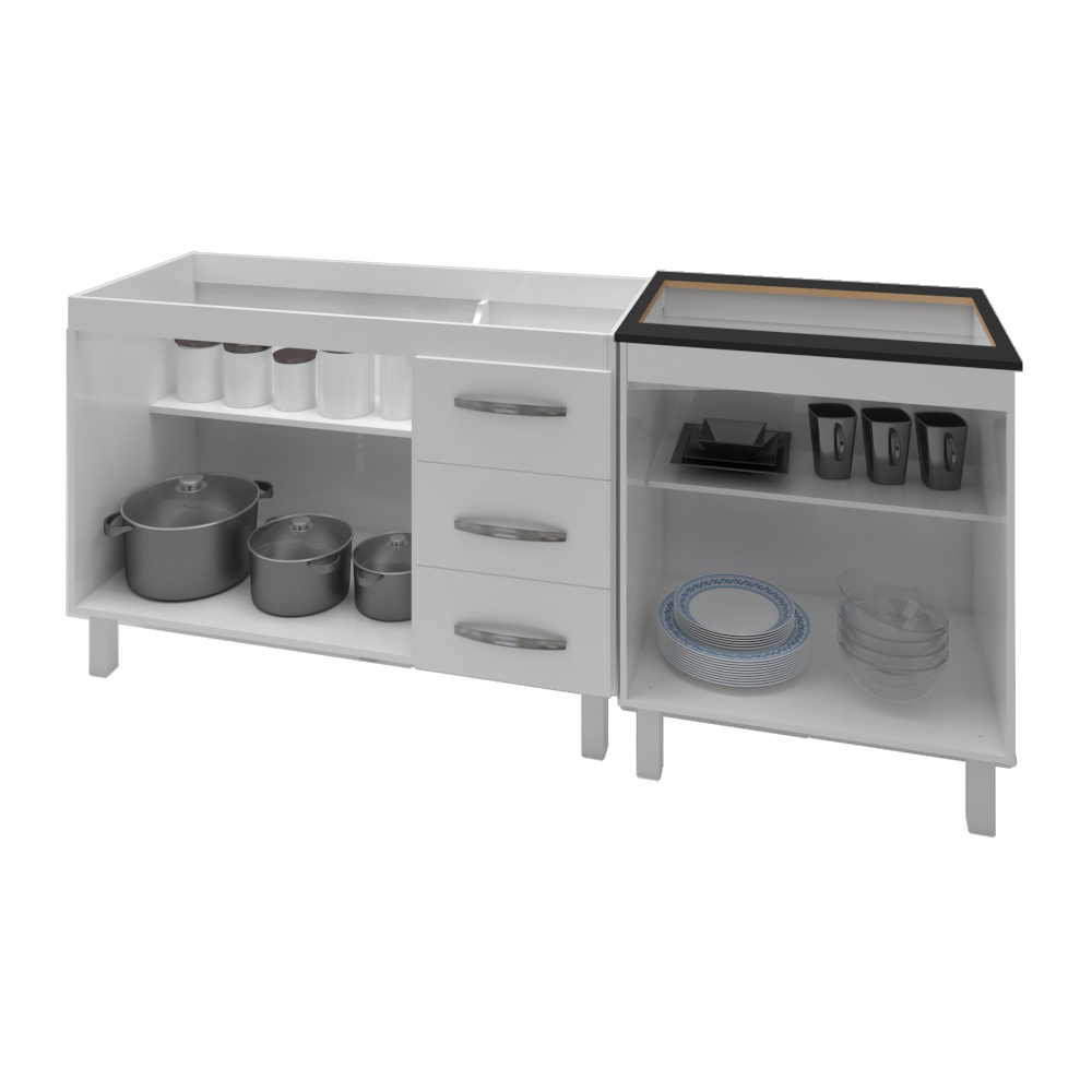 Armário Cozinha Gabinete Pia De 120 Cm Bianca Com Balcão Cooktop 5 Bocas Branco Jade 