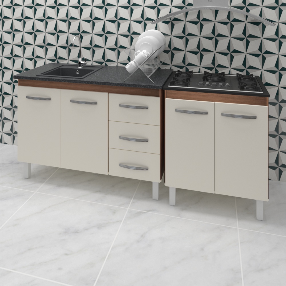 Armário Cozinha Gabinete Pia De 120 Cm Bianca Com Balcão Cooktop 5 Bocas Savana Frente Off-white Jade 
