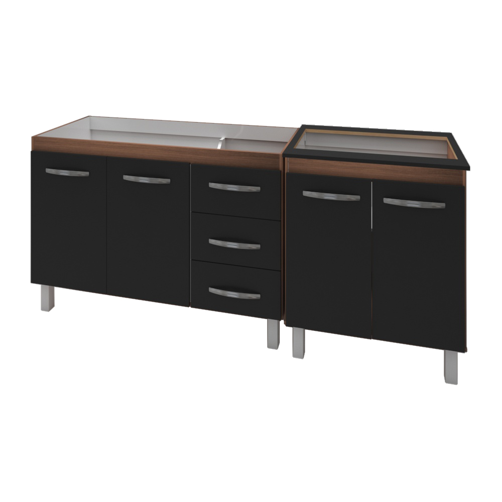 Armário Cozinha Gabinete Pia De 120 Cm Bianca Com Balcão Cooktop 5 Bocas Savana Frente Preta Jade 