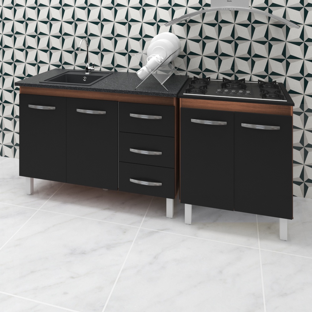 Armário Cozinha Gabinete Pia De 120 Cm Bianca Com Balcão Cooktop 5 Bocas Savana Frente Preta Jade 