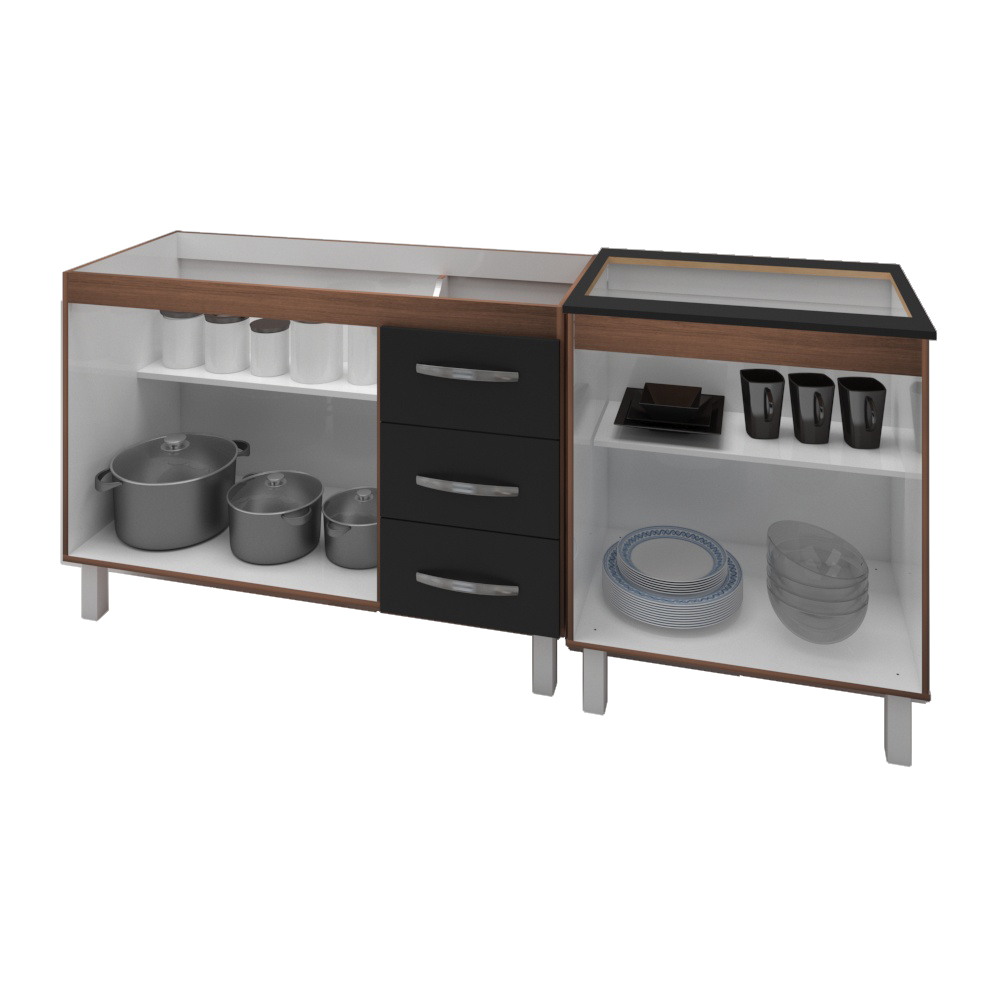 Armário Cozinha Gabinete Pia De 120 Cm Bianca Com Balcão Cooktop 5 Bocas Savana Frente Preta Jade 