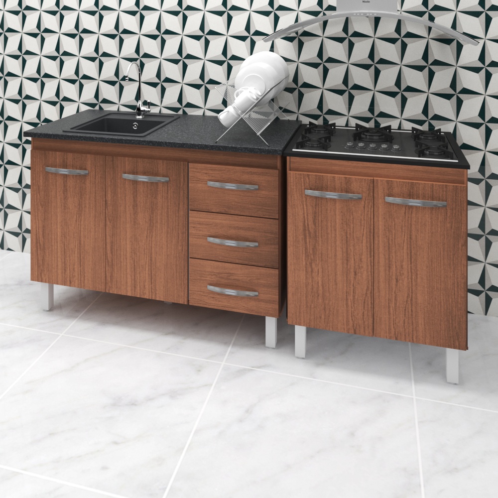 Armário Cozinha Gabinete Pia De 120 Cm Bianca Com Balcão Cooktop 5 Bocas Savana Jade 