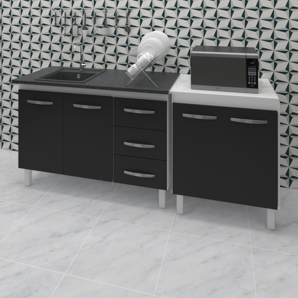 Armário Cozinha Gabinete Pia De 120 Cm Bianca Com Balcão Multiuso Micro-ondas Branco Frente Preta Serena 