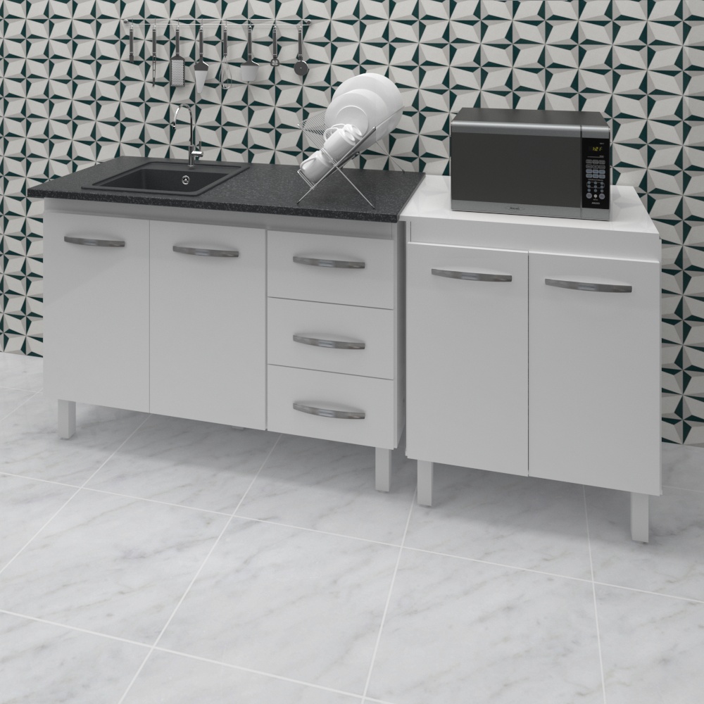 Armário Cozinha Gabinete Pia De 120 Cm Bianca Com Balcão Multiuso Micro-ondas Branco Serena 