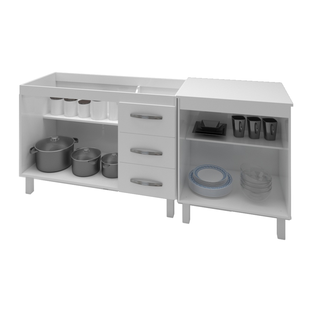 Armário Cozinha Gabinete Pia De 120 Cm Bianca Com Balcão Multiuso Micro-ondas Branco Serena 