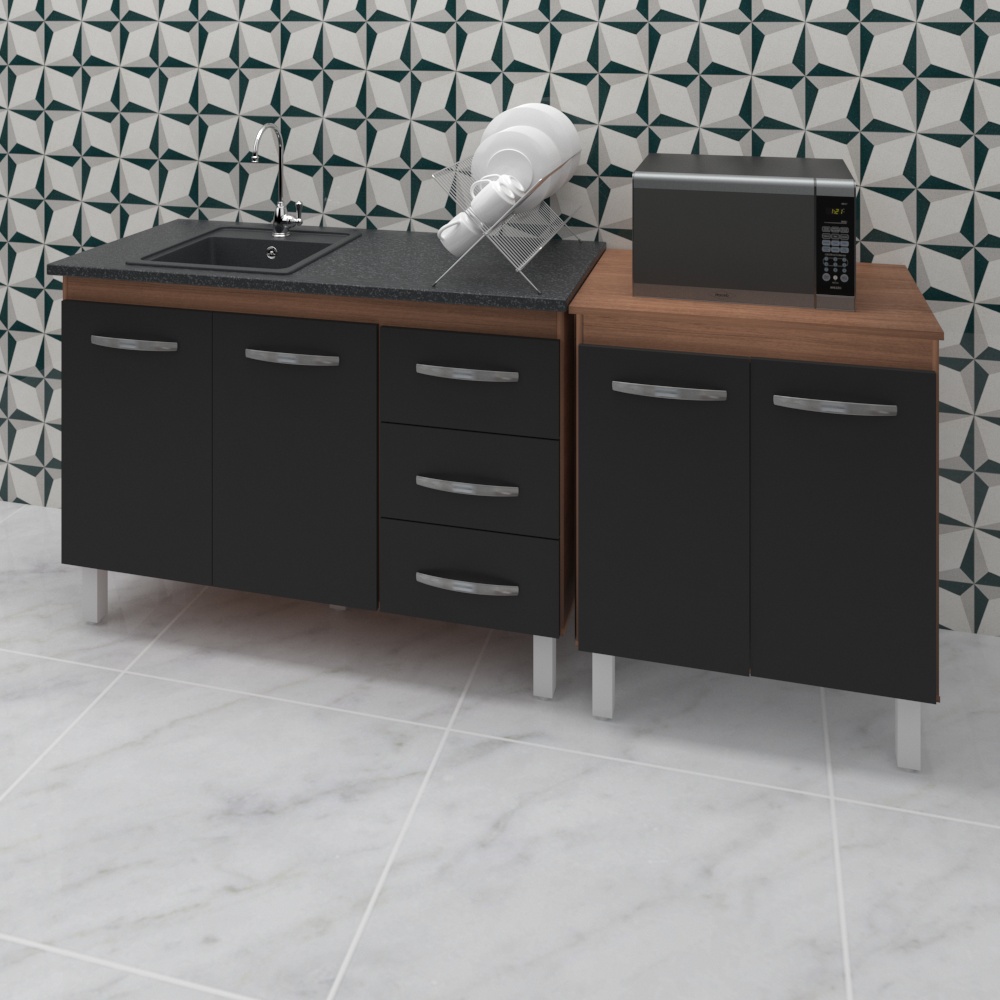 Armário Cozinha Gabinete Pia De 120 Cm Bianca Com Balcão Multiuso Micro-ondas Savana Frente Preta Serena 