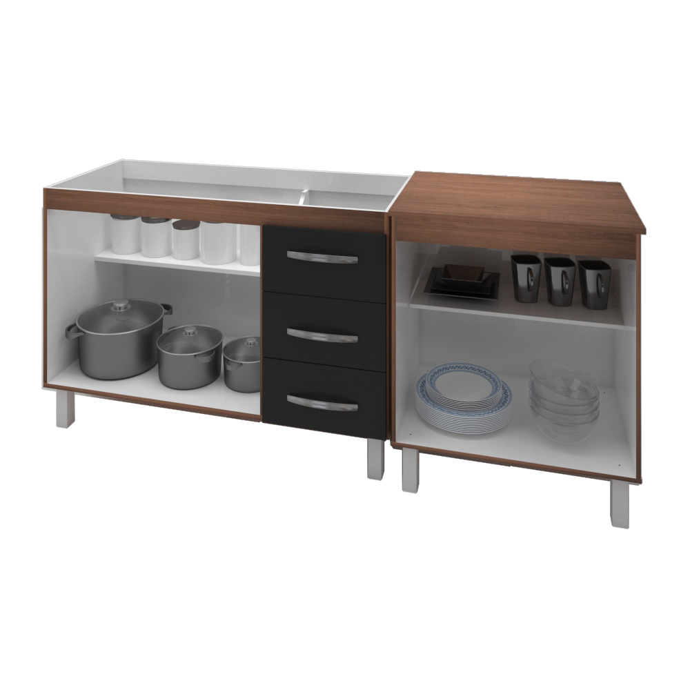 Armário Cozinha Gabinete Pia De 120 Cm Bianca Com Balcão Multiuso Micro-ondas Savana Frente Preta Serena 