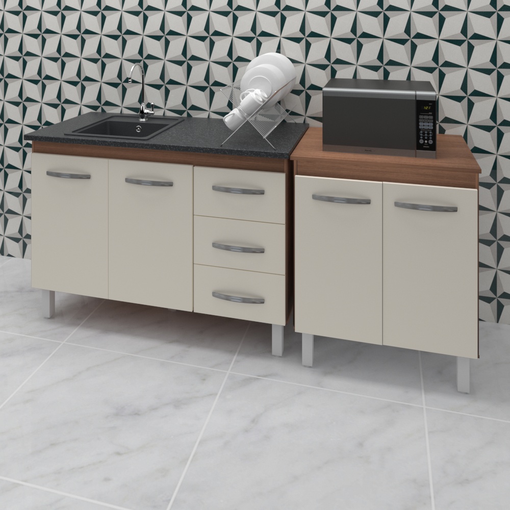 Armário Cozinha Gabinete Pia De 120 Cm Bianca Com Balcão Multiuso Micro-ondas Savana Off-white Serena 