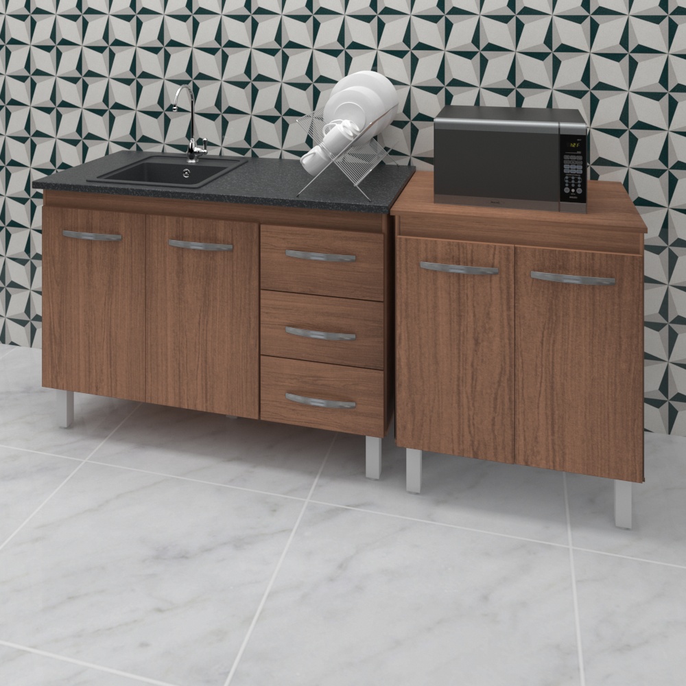 Armário Cozinha Gabinete Pia De 120 Cm Bianca Com Balcão Multiuso Micro-ondas Savana Serena 