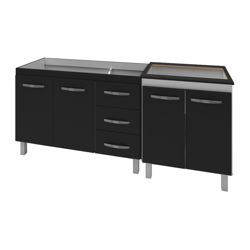 Armário Cozinha Gabinete Pia De 120 Cm Bianca Preto Com Balcão Cooktop 5 Bocas Branco Frente Preta Jade 