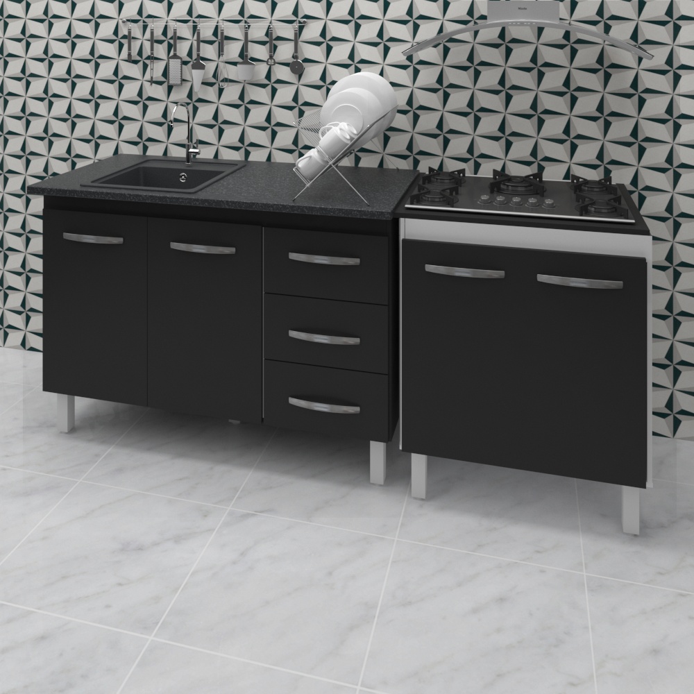 Armário Cozinha Gabinete Pia De 120 Cm Bianca Preto Com Balcão Cooktop 5 Bocas Branco Frente Preta Jade 