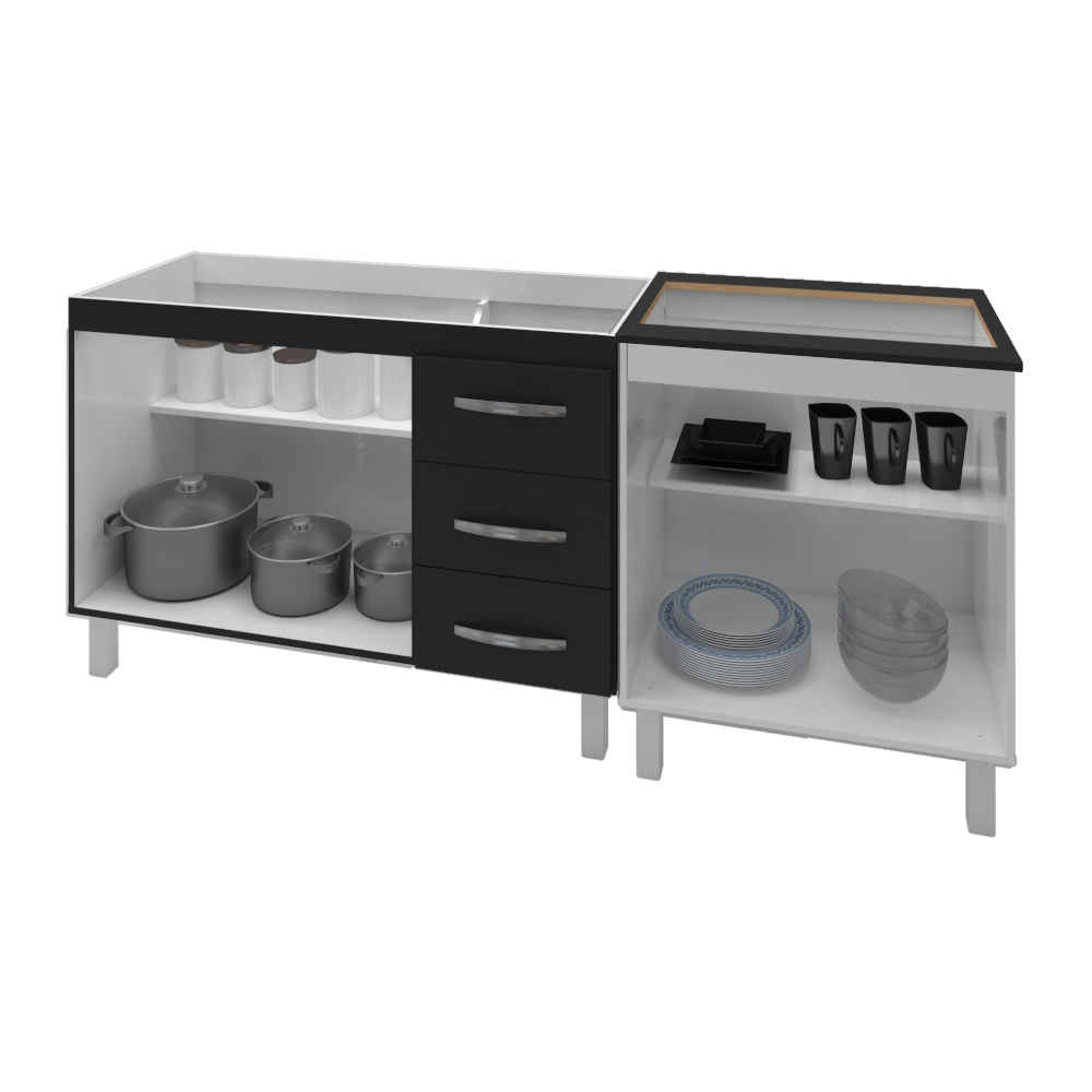 Armário Cozinha Gabinete Pia De 120 Cm Bianca Preto Com Balcão Cooktop 5 Bocas Branco Frente Preta Jade 