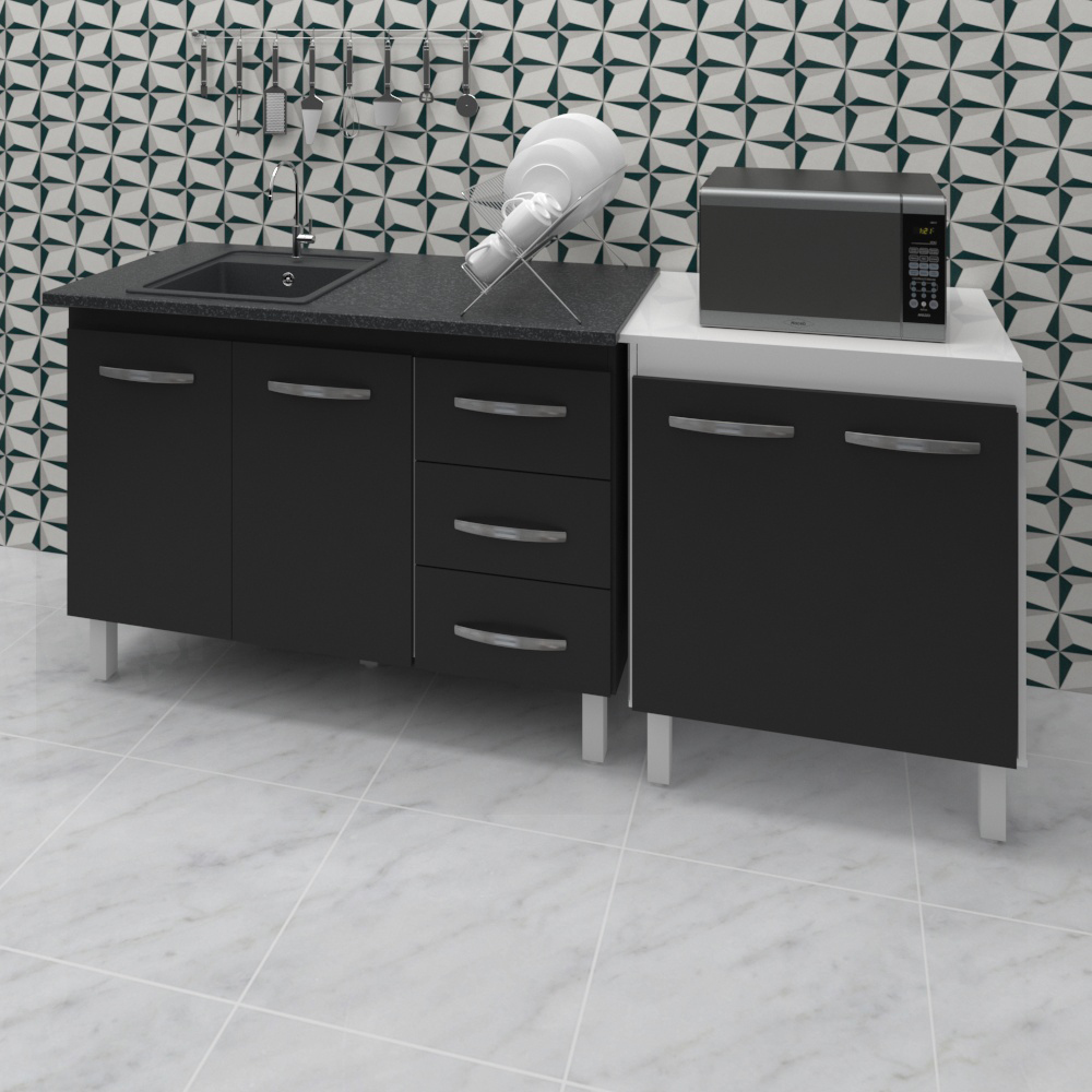 Armário Cozinha Gabinete Pia De 120 Cm Bianca Preto Com Balcão Multiuso Micro-ondas Branco Frente Preta Serena 
