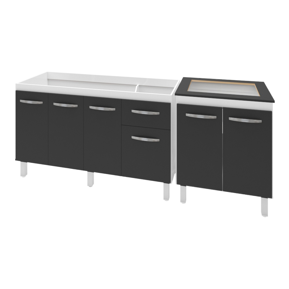 Armário Cozinha Gabinete Pia De 140 cm Camile Com Balcão Cooktop 4 Bocas Branco Frente Preta Jade 