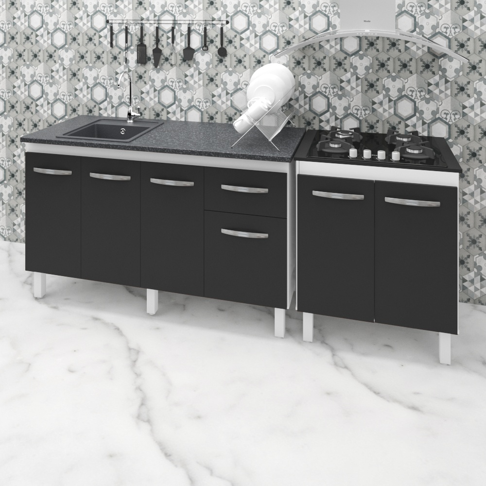 Armário Cozinha Gabinete Pia De 140 cm Camile Com Balcão Cooktop 4 Bocas Branco Frente Preta Jade 