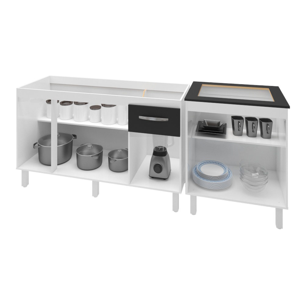 Armário Cozinha Gabinete Pia De 140 cm Camile Com Balcão Cooktop 4 Bocas Branco Frente Preta Jade 