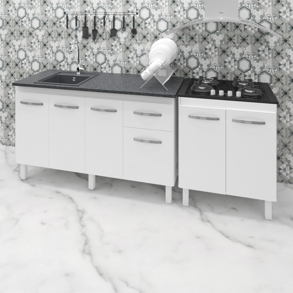 Armário Cozinha Gabinete Pia De 140 cm Camile Com Balcão Cooktop 4 Bocas Branco Jade 