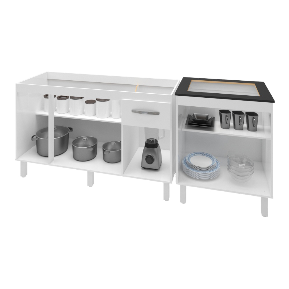 Armário Cozinha Gabinete Pia De 140 cm Camile Com Balcão Cooktop 4 Bocas Branco Jade 