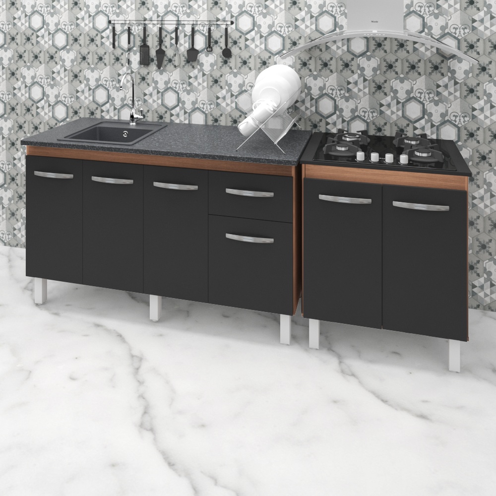 Armário Cozinha Gabinete Pia De 140 cm Camile Com Balcão Cooktop 4 Bocas Savana Frente Preta Jade 