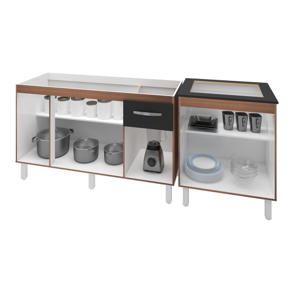 Armário Cozinha Gabinete Pia De 140 cm Camile Com Balcão Cooktop 4 Bocas Savana Frente Preta Jade 