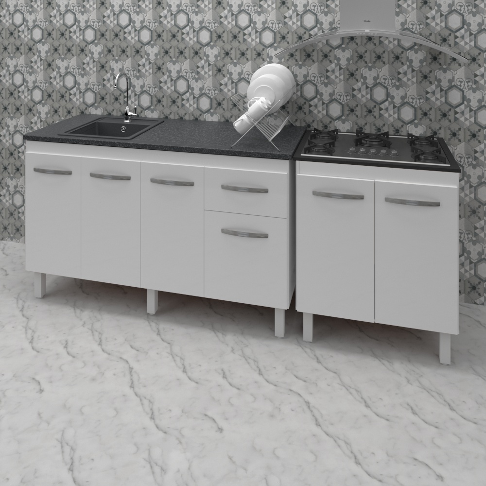 Armário Cozinha Gabinete Pia De 140 cm Camile Com Balcão Cooktop 5 Bocas Branco Jade 