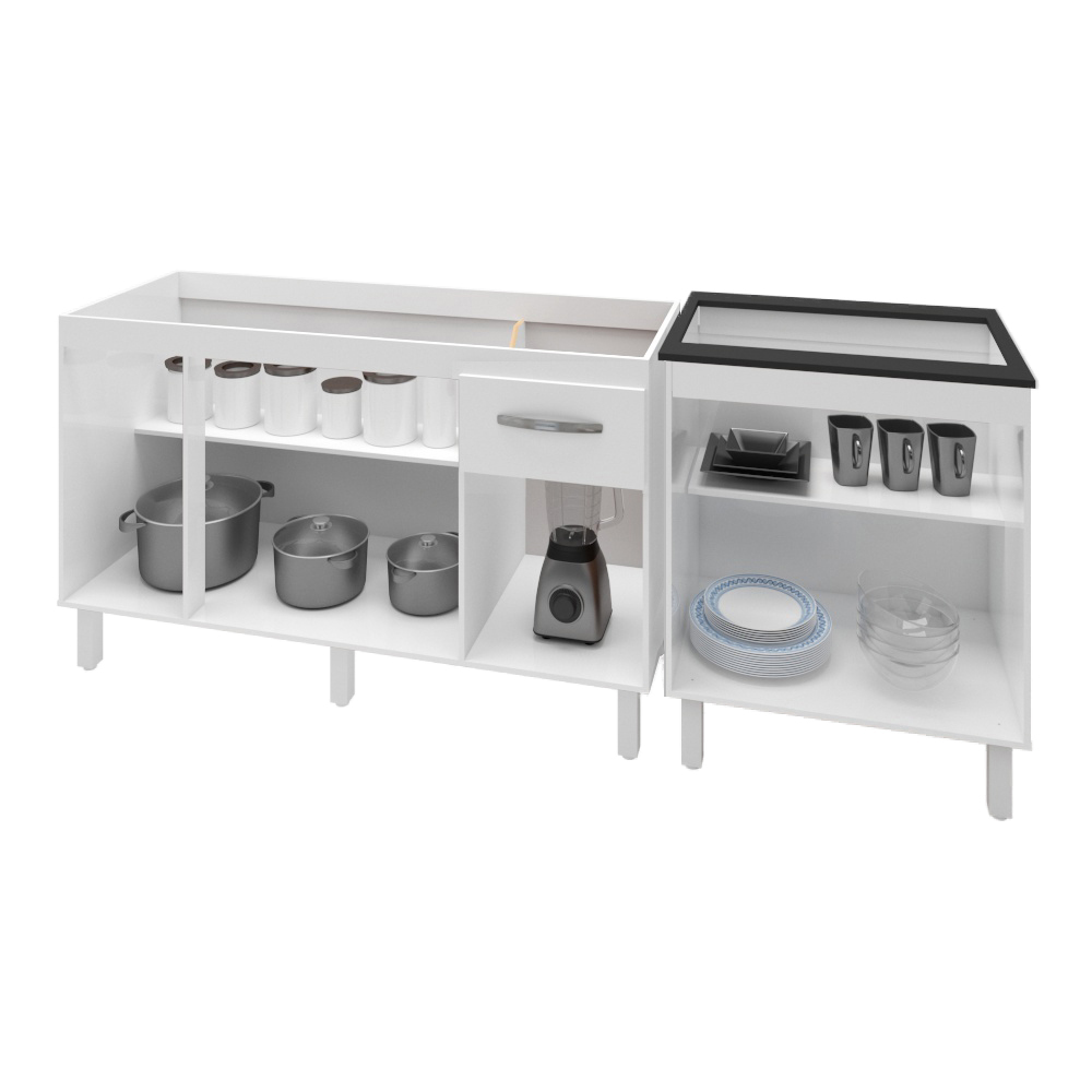 Armário Cozinha Gabinete Pia De 140 cm Camile Com Balcão Cooktop 5 Bocas Branco Jade 