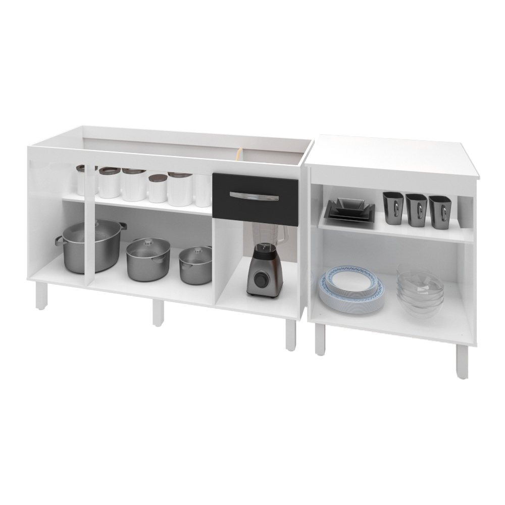 Armário Cozinha Gabinete Pia De 140 cm Camile Com Balcão Multiuso Micro-ondas Branco Serena 